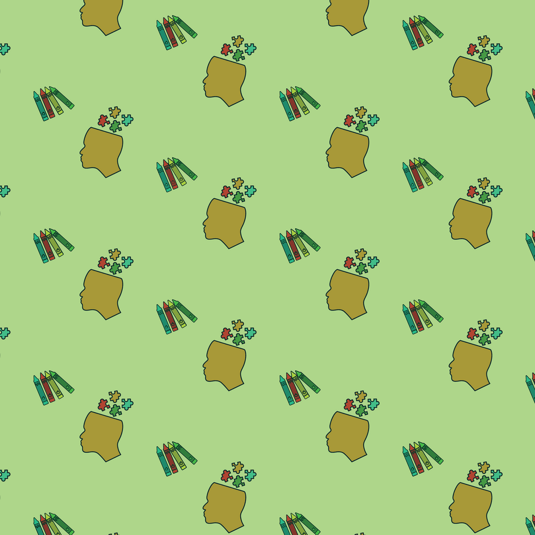 Colorful Learning Pattern with Crayons and Brain Jigsaw Elements on Transparent