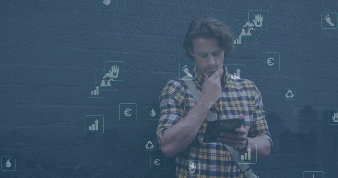 Contemplative Man Analyzing Data on Tablet with Environmental Icons