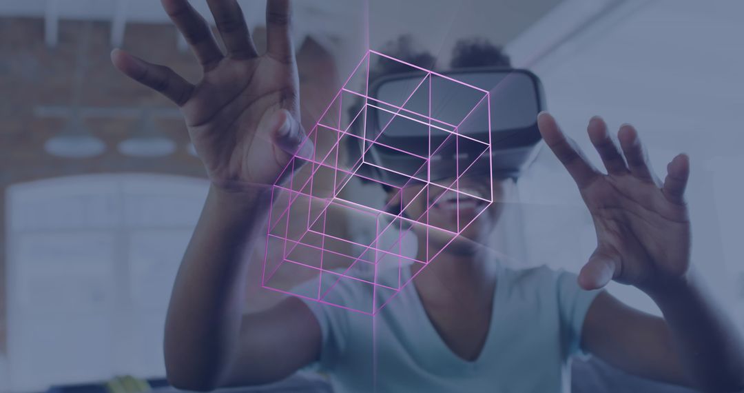 Woman Experiencing Virtual Reality with Holographic Data Visualization