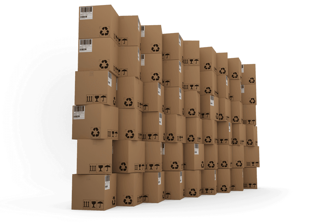 Transparent Stack of Cardboard Boxes with Recycling Symbols