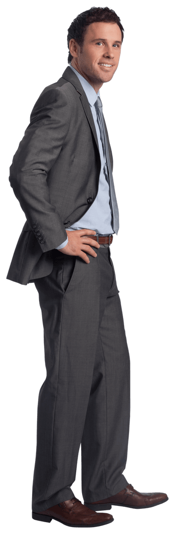 Smiling Confident Businessman with Hands on Hips in Suit on Transparent Background