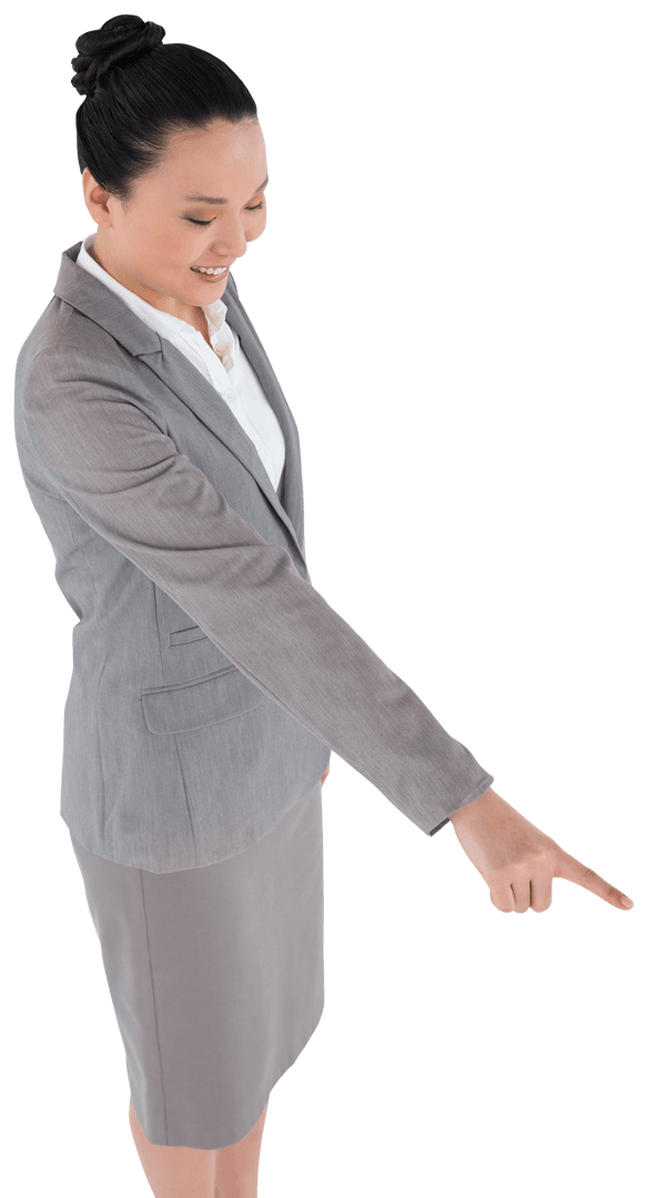Smiling Asian Businesswoman Pointing to Side on Transparent Background