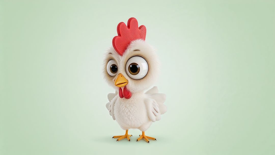 Adorable fluffy cartoon chicken with big eyes and red comb on green background