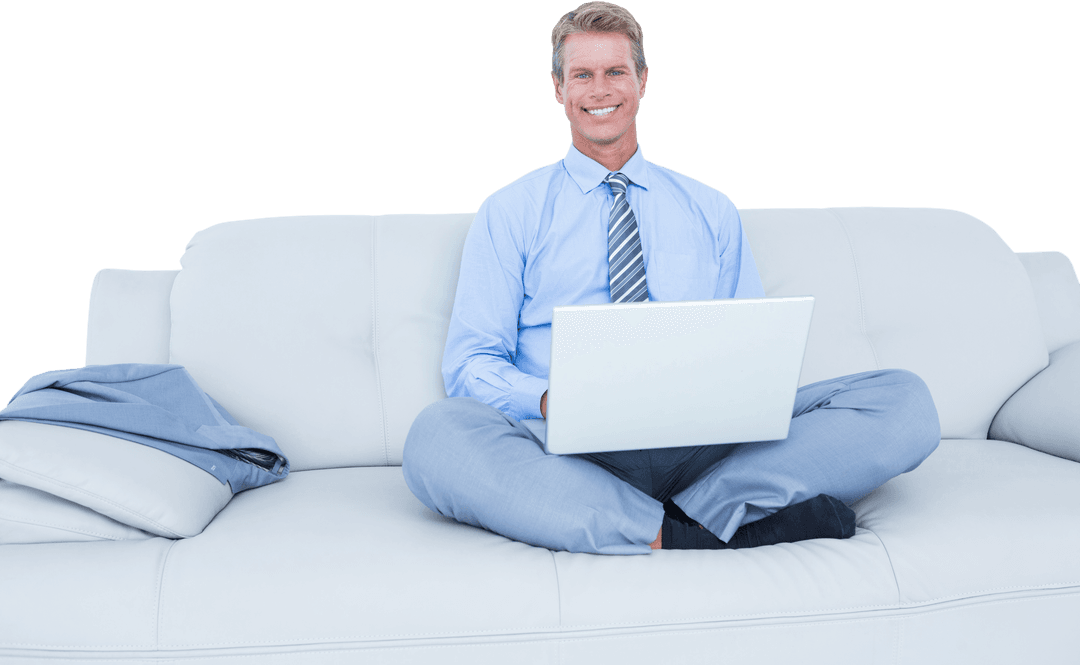 Confident Businessman Using Laptop on Stylish Sofa Transparent Background