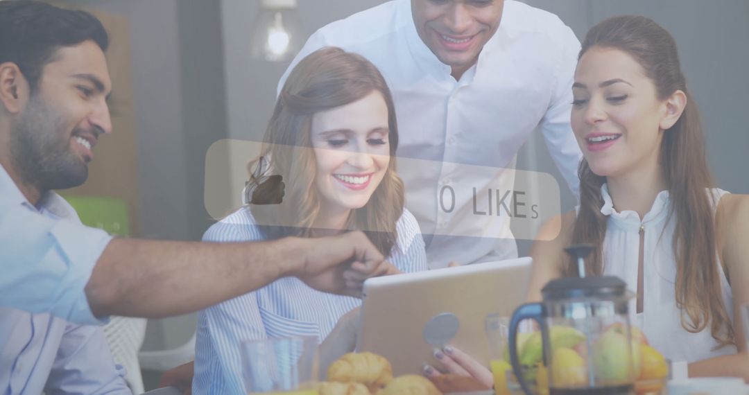 Diverse Team Engaging with Social Media Content on Tablet