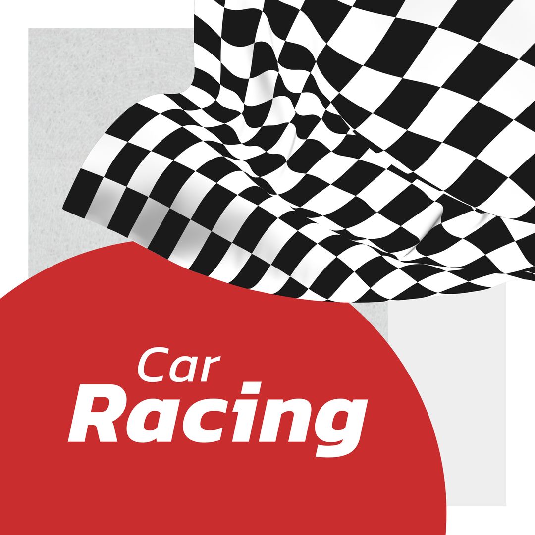 Chequered Flag with Car Racing Text on Red Banner