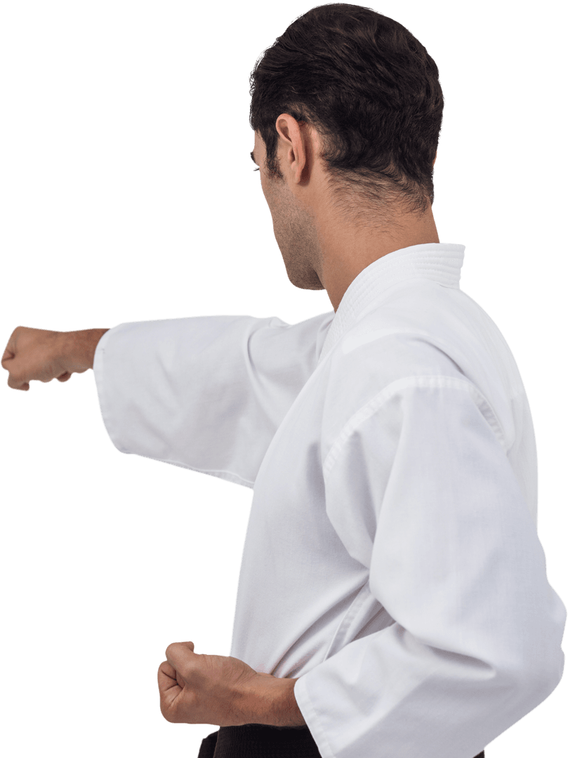 Transparent karate fighter in action performing technique