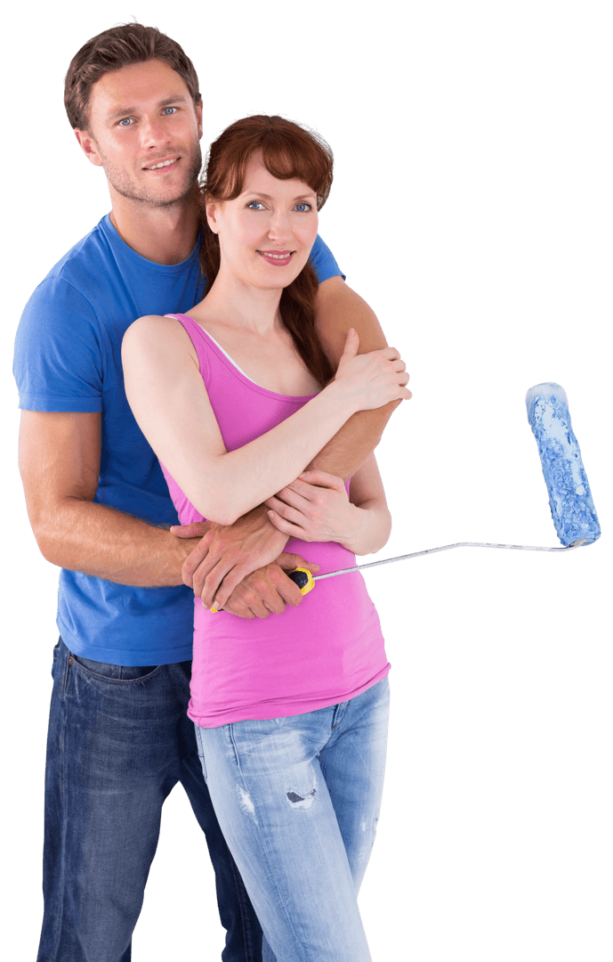 Couple Embracing with Paint Roller on Transparent Background