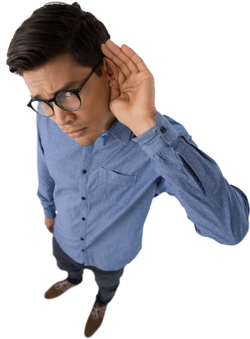 Businessman with Transparent Background Cupping Ear Attentively Listening