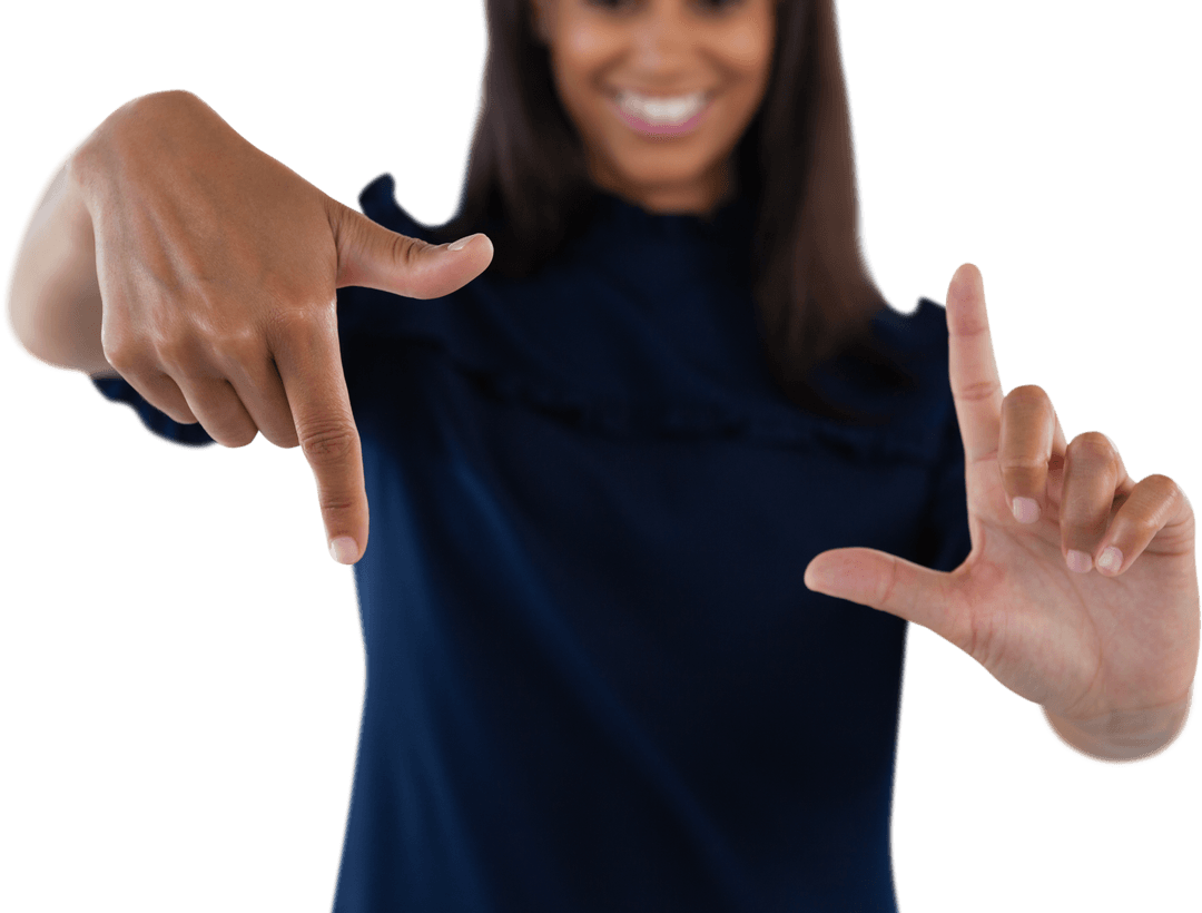 Smiling Woman Creating Frame with Hands to Focus