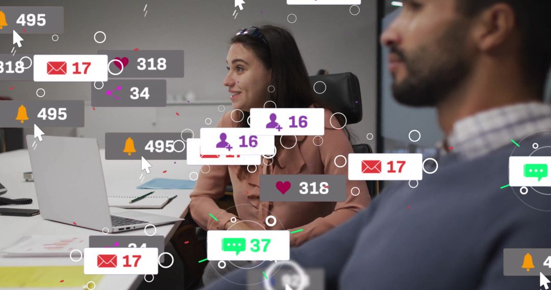 Business Team Discussing with Overlay of Digital Notifications