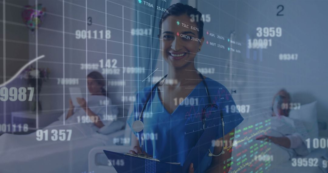 Doctor Analyzing Health Data with Virtual Stock Market Overlay