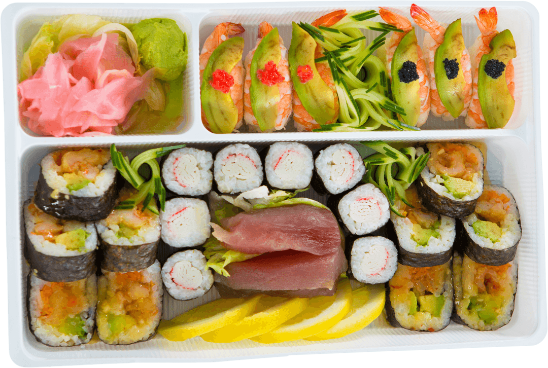 Fresh Japanese Sushi Platter with Variety of Rolls on Transparent Background