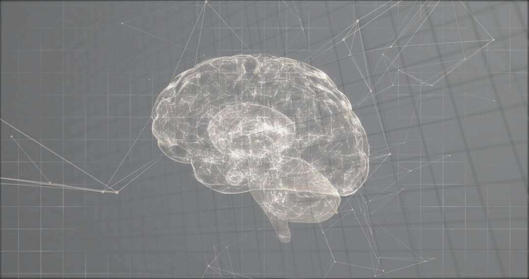 Futuristic Transparent Brain Model Displaying Network Nodes