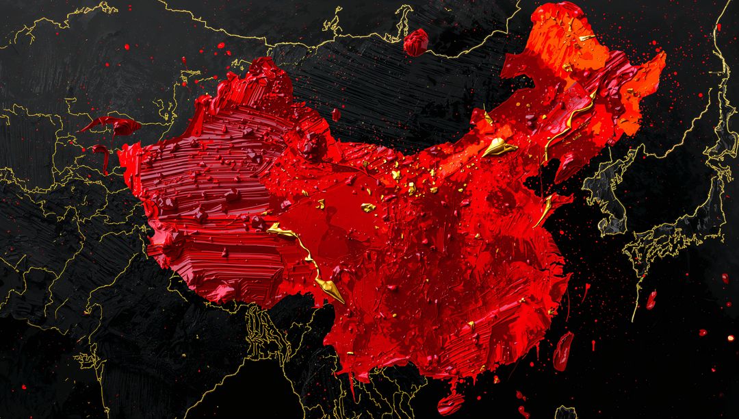 Red Impasto Rendering of China Map with Gold Accents