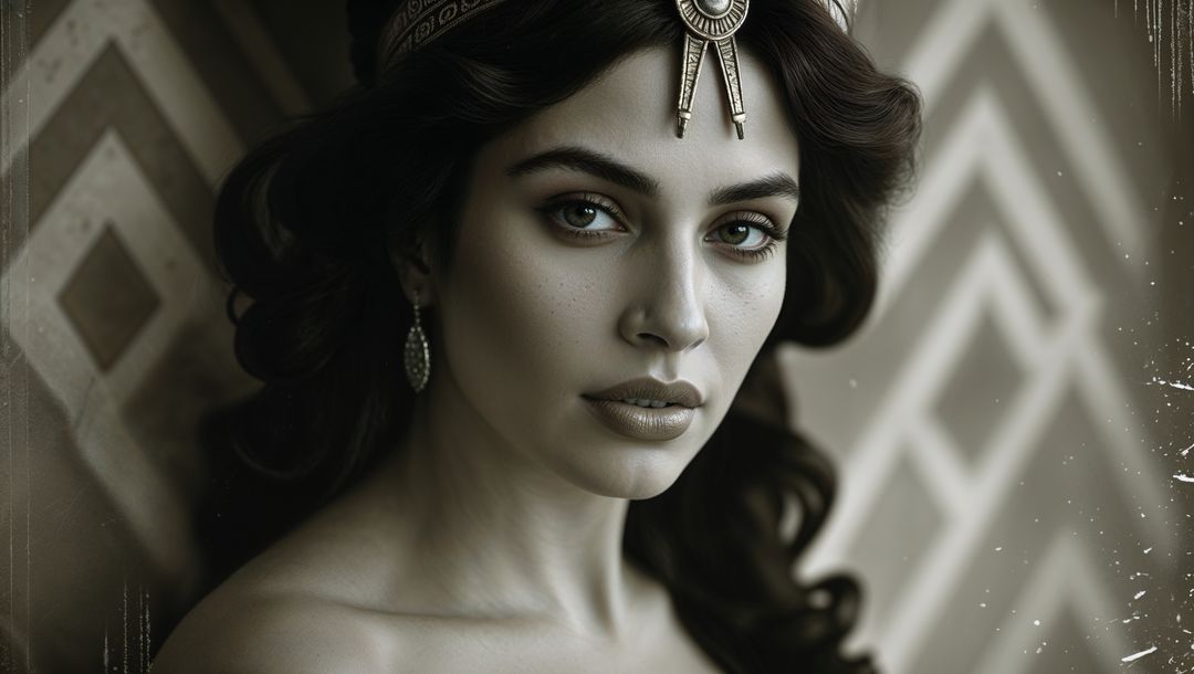 Elegant cleopatra in ornate gold headpiece with geometric backdrop