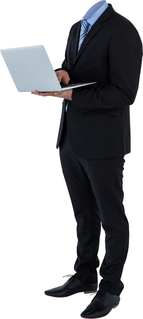 Transparent Businessman in Suit Using Laptop No Head Visible