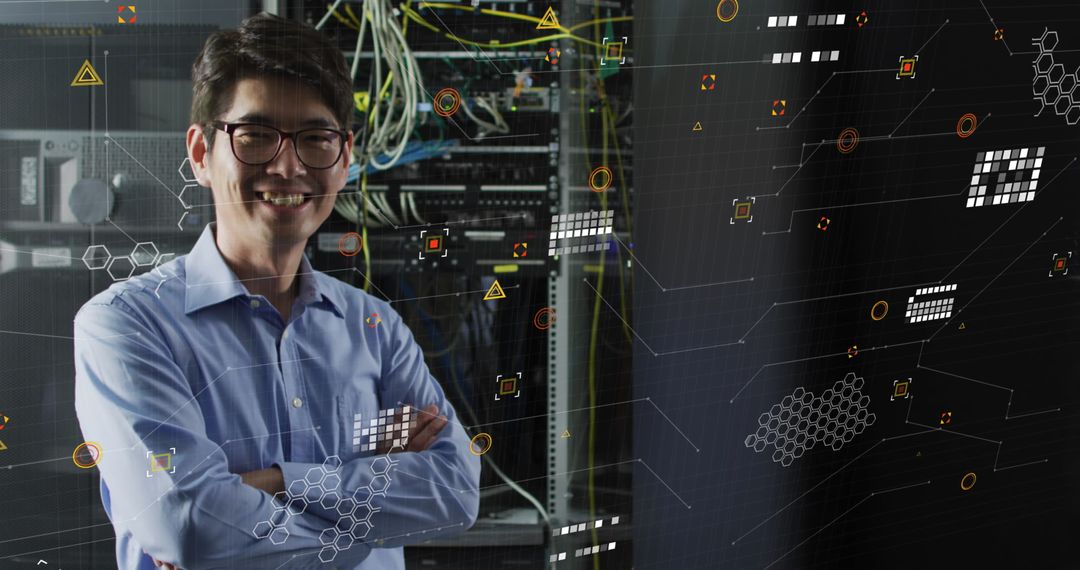 Confident Engineer in Server Room Surrounded by Digital Interface