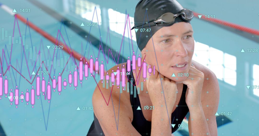 Resting mature swimmer with analytics overlay, candlestick chart and training metrics