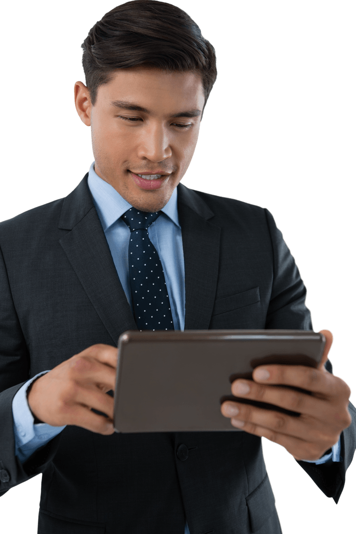 Transparent Businessman Engaging with Digital Tablet Technology