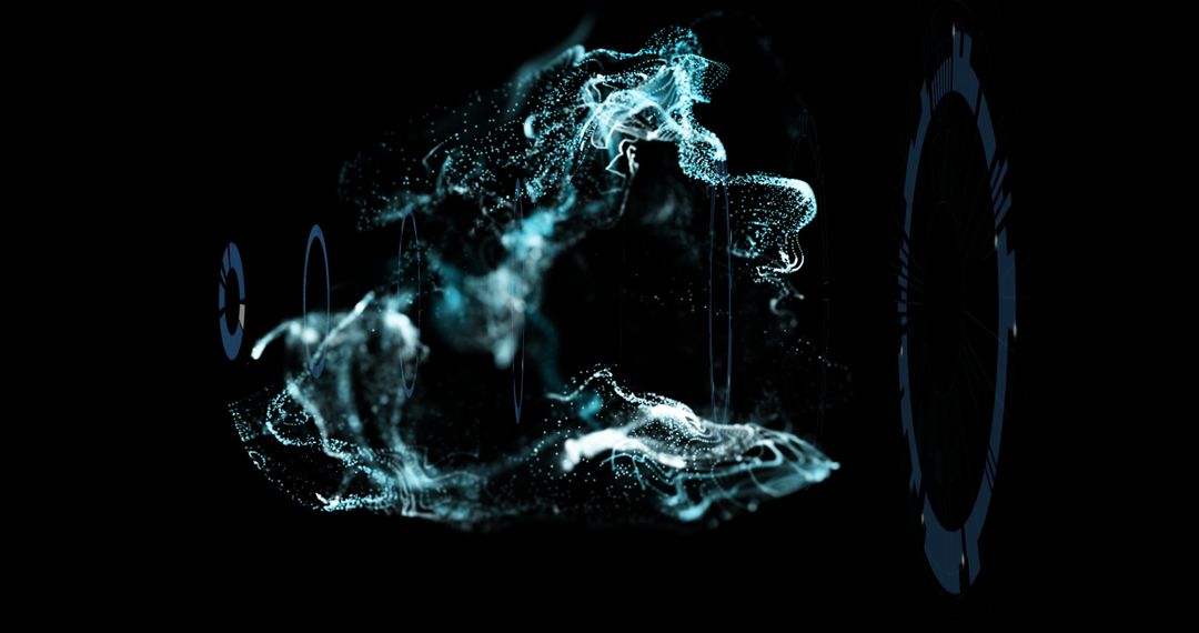 Futuristic Particle Cloud with Digital Rings in Virtual Space