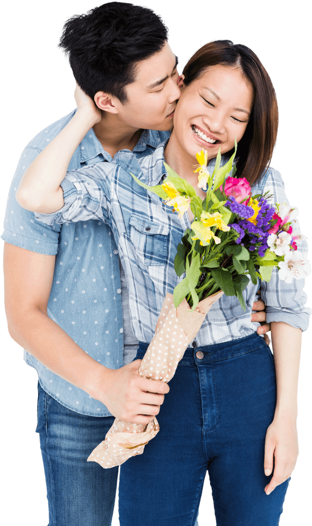 Romantic Couple Embracing with Spring Flowers Transparent Background
