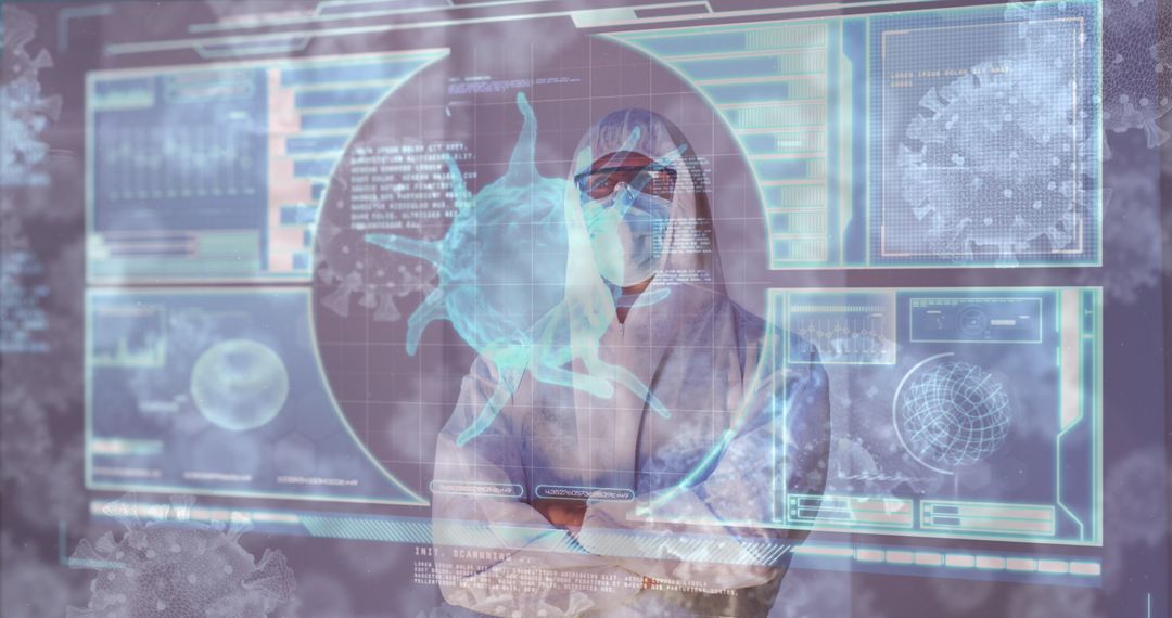 COVID-19 Pandemic Study Scientist in PPE with Digital Data Overlay