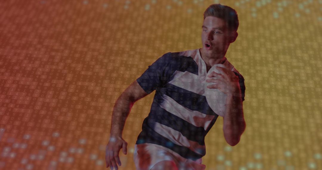 Dynamic Rugby Player in Action with Futuristic Digital Overlay