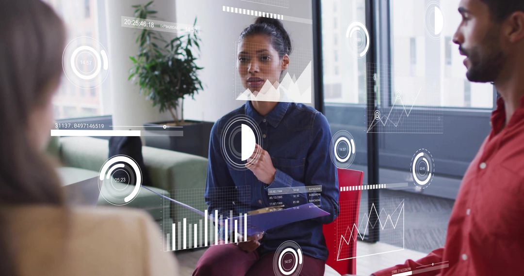 Presenting woman leading augmented reality data visualization for team collaboration