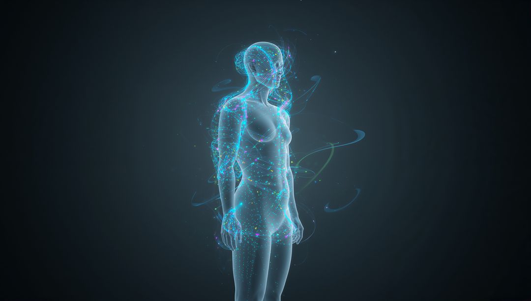 Glowing Holographic Human Figure Pulsing with Neon Particles and Data Nodes