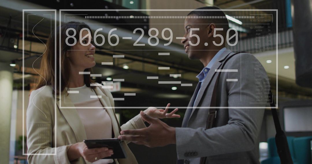 Business Professionals Discussing with Digital Interface Overlay