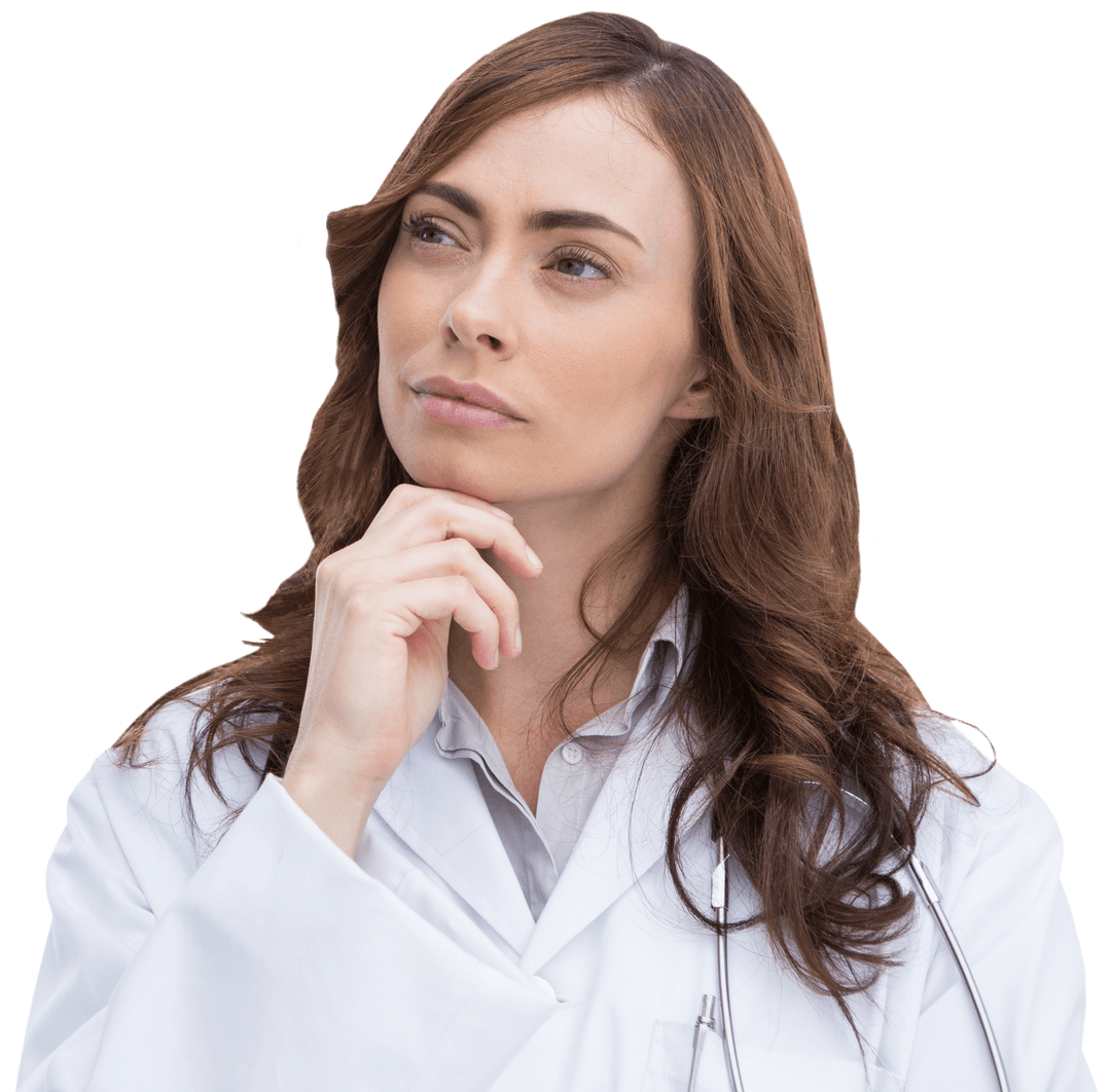 Thoughtful Female Doctor with Pensive Expression Isolated on Transparent Background