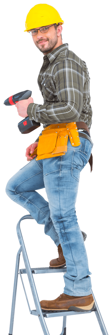 Repairman with Drill Climbing Ladder on Transparent Background