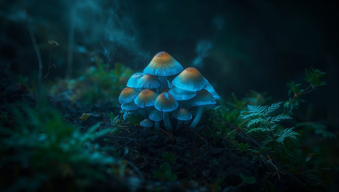 Mystical Bioluminescent Mushroom Cluster on Forest Floor