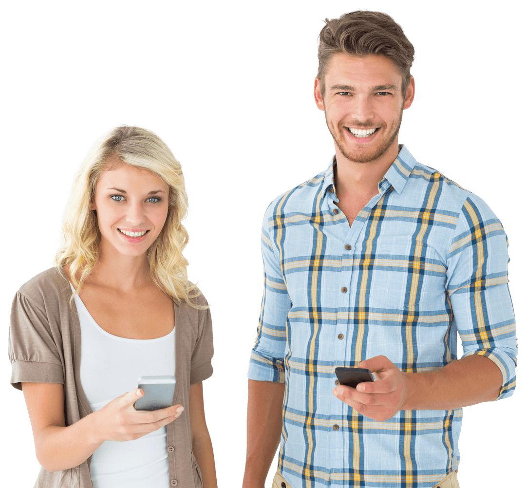 Smiling Couple Using Smartphones on Transparent Background