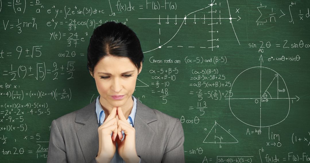 Focused Woman Analyzing Complex Math on Chalkboard