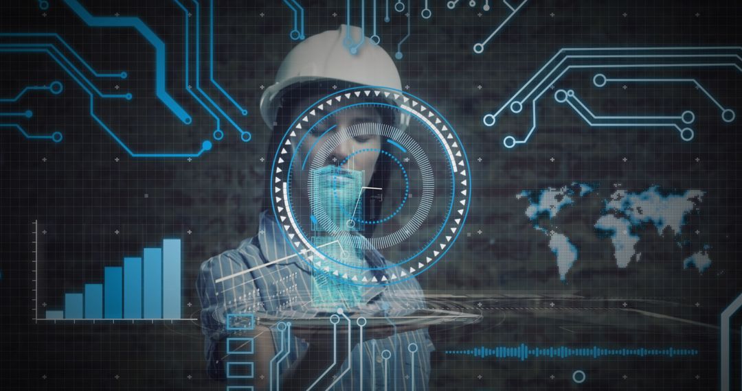 Female Architect Using Digital Interface with Global Data Visualization