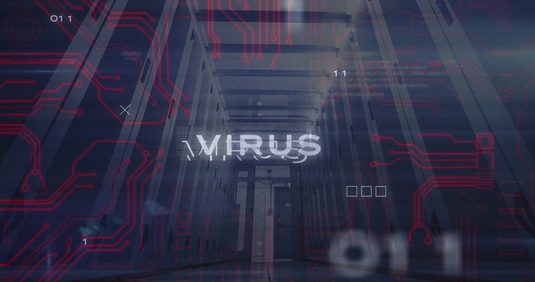 Digital Composite of Virus Text and Server Room with Coding Overlay