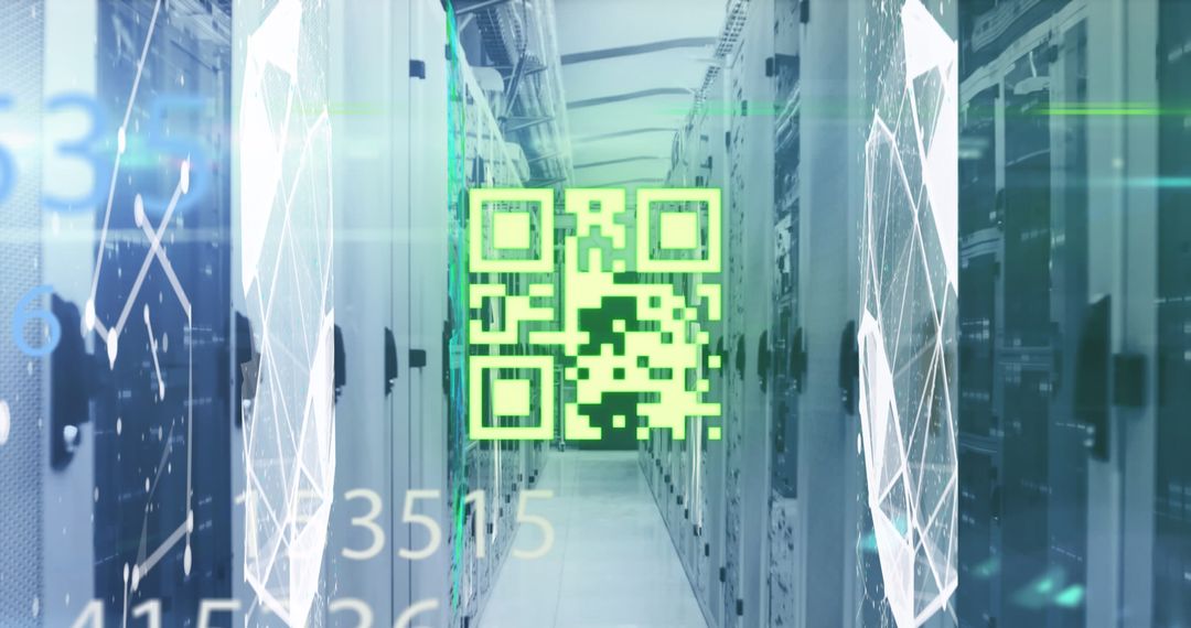 QR Code Overlay on Data Center Server Row for Technology Concept