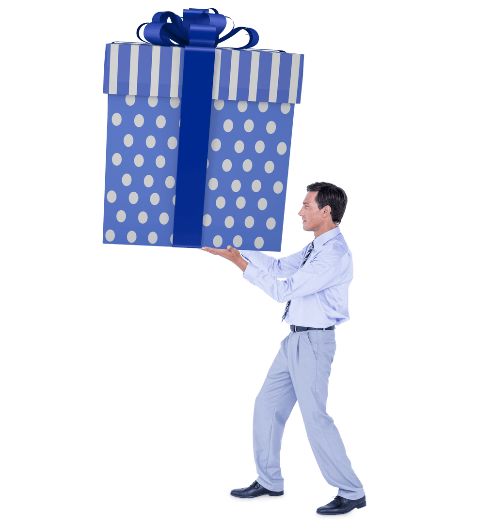 Man Carrying Giant Stylish Gift on Transparent Background