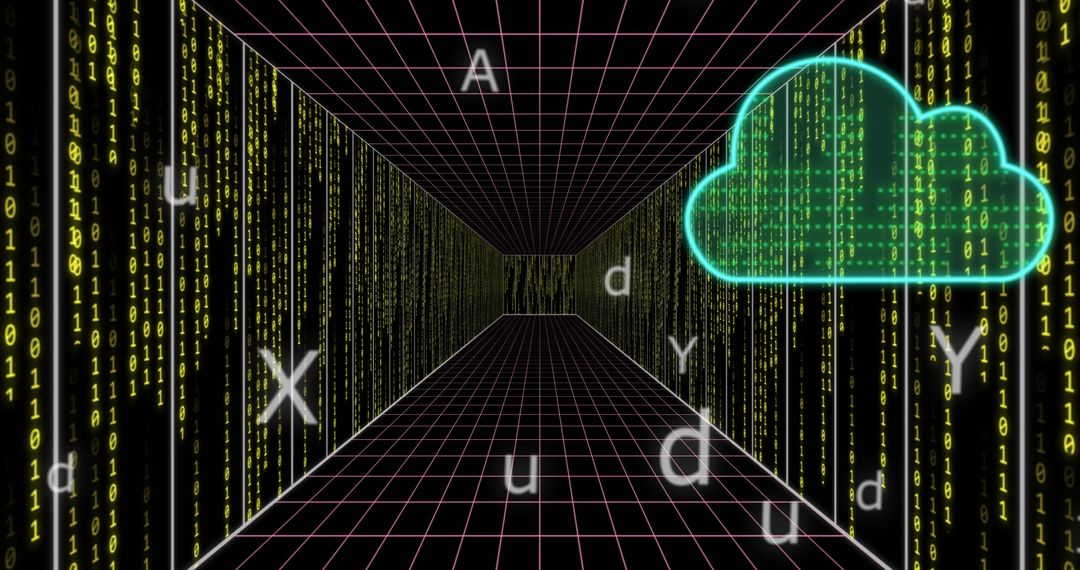 Digital cloud over binary code in futuristic data tunnel