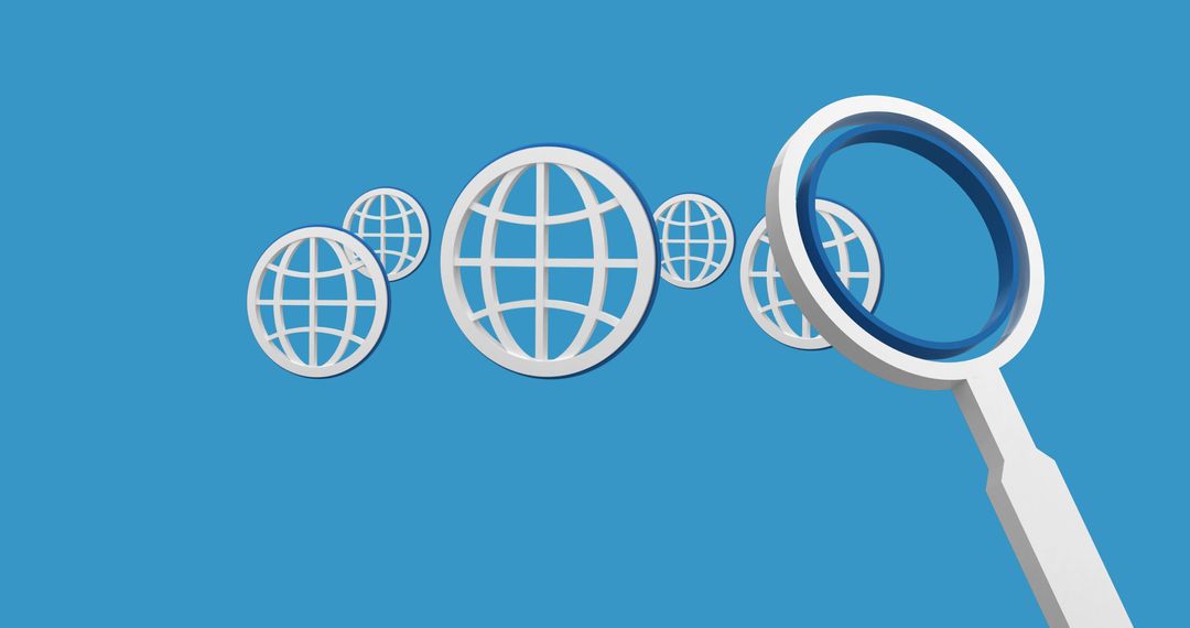 Globe Icons with Magnifying Glass on Blue Background