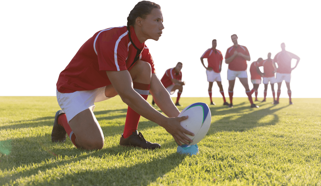 Transparent Rugby Player Preparing for Kick on Grass Field