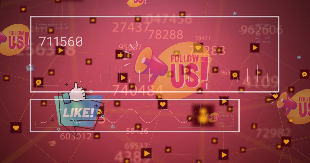 Social Media Networking with Like and Follow Icons and Digital Interface