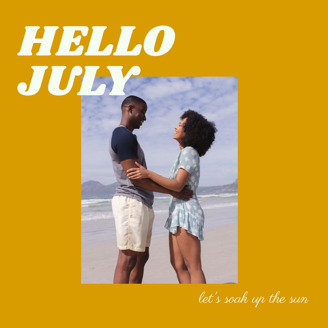 Diverse Couple Enjoying Summer Beach for Hello July Greeting
