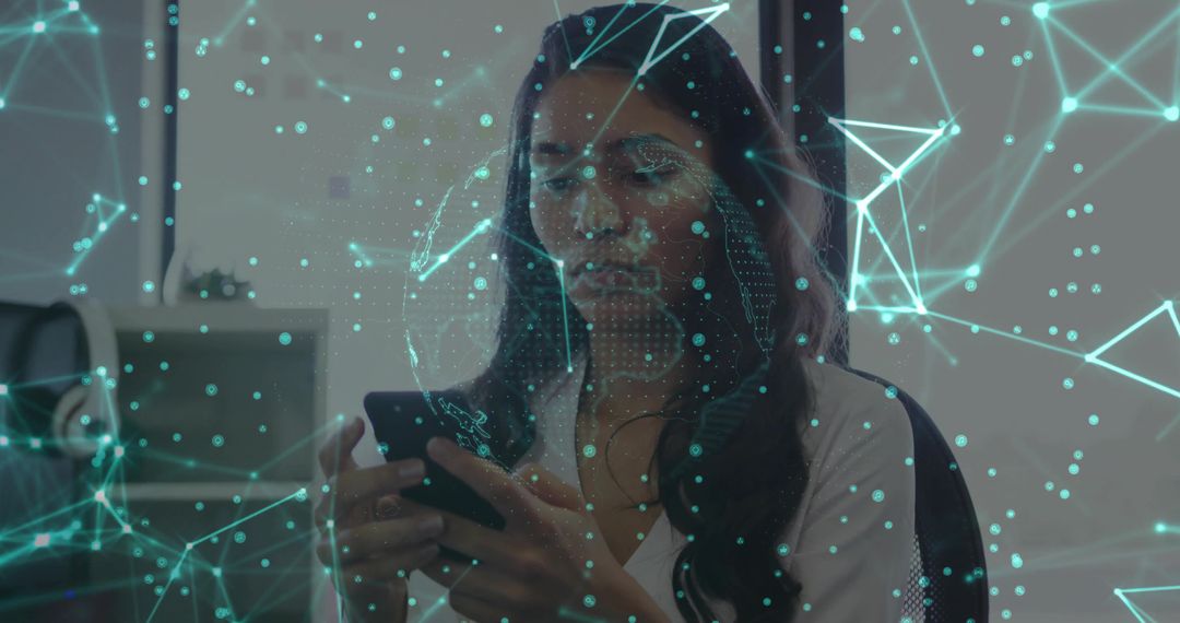 Businesswoman Engaging with Smartphone Displaying Digital Network