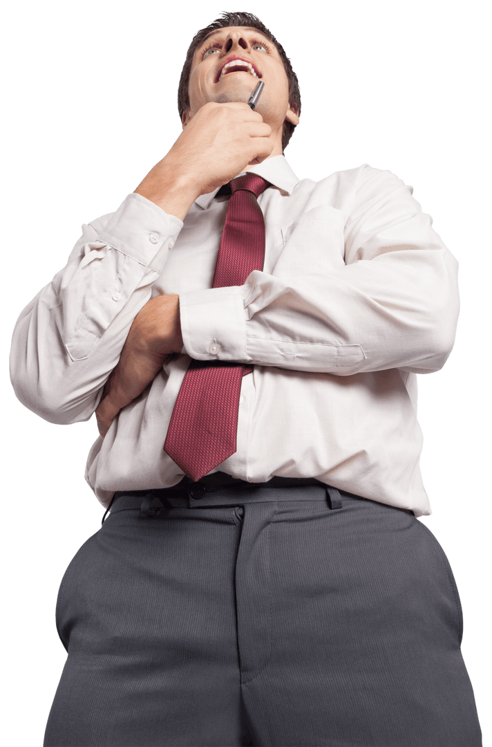 Transparent View from Below of Businessman Thinking Holding Pen to Chin