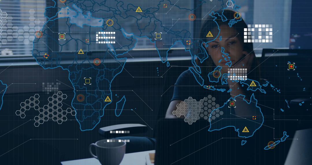 Woman Analyst Engaging with Digital World Map at Office Desk