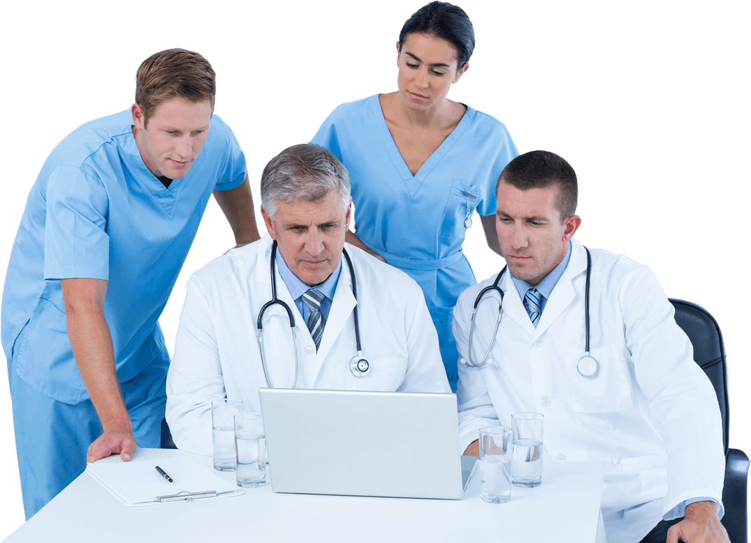 Transparent Medical Team Collaborating Around Laptop in Hospital