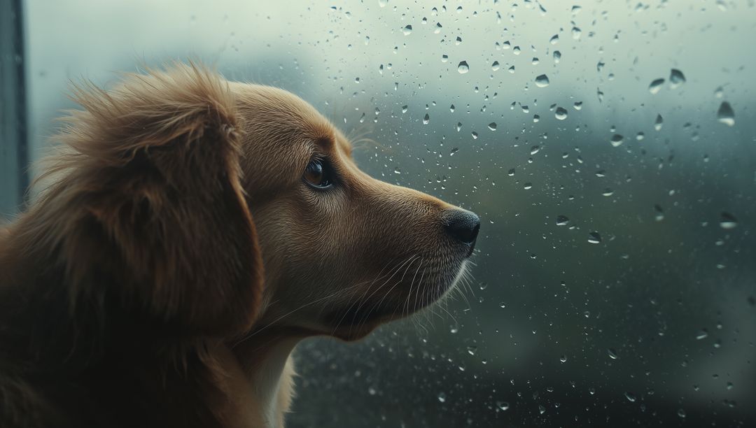 Brown Puppy Gazing Through Rain-Speckled Window Closeup Showing Muzzle and Whiskers